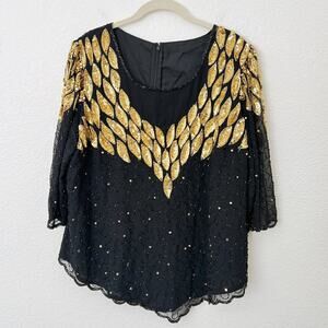 [Vintage] 80s Black Gold Sequined Beaded Blouse Scoop Neck Leaf Print Size XL